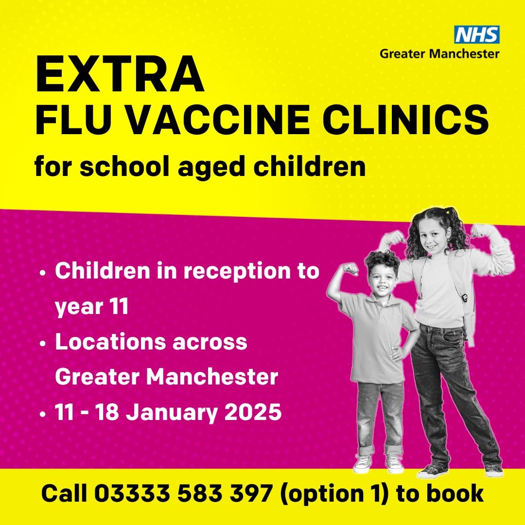 Extra flu vaccine clinic for children who have missed having it at school.  Call 03333 583 397 (option 1) to book