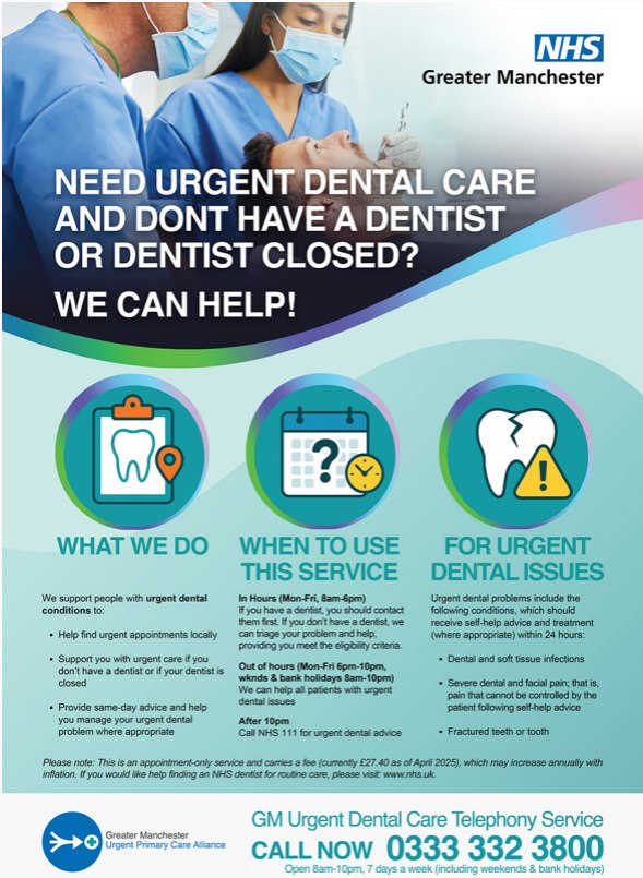 Urgent dental care advice TEL 0333 332 3800
