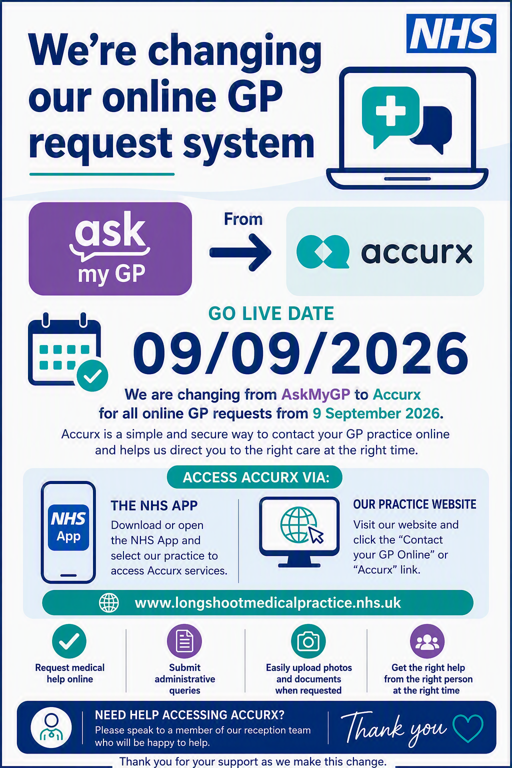 Go live date 9 September 2026 - we are changing our online GP request system from Ask My GP to AccuRx